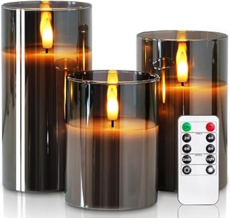 Picture of  Real Wax LED Candles Flickering, Clear Glass Shell, White Set of 3 500+ Hours Long Lasting Battery Operated Candles with Remote Control, Timer and Realistic 3D Wick for Wedding