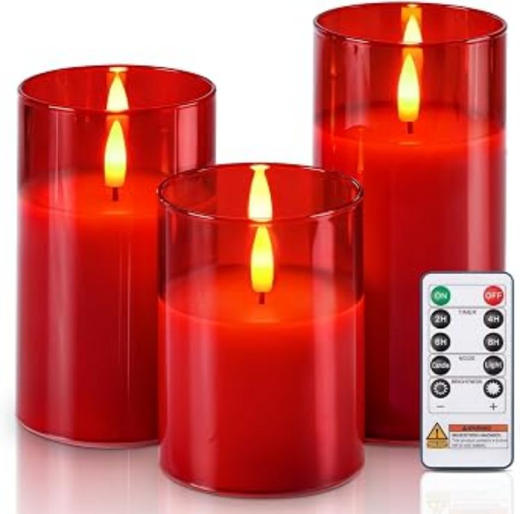 Picture of  Real Wax LED Candles Flickering, Clear Glass Shell, White Set of 3 500+ Hours Long Lasting Battery Operated Candles with Remote Control, Timer and Realistic 3D Wick for Wedding