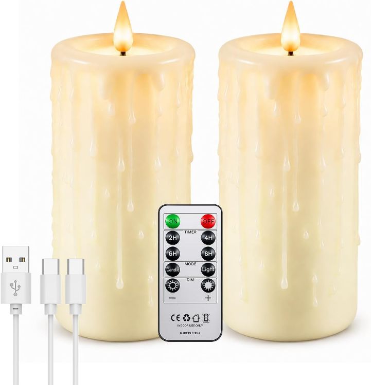 Picture of Rechargeable Fake LED Pillar Candles Flickering with Type-C 2 Pack [Energy Class F] 24 Cycle Timer, Remote Control, IP44 Large Battery Powered Candles Flameless for Halloween Decorations Christmas Gift