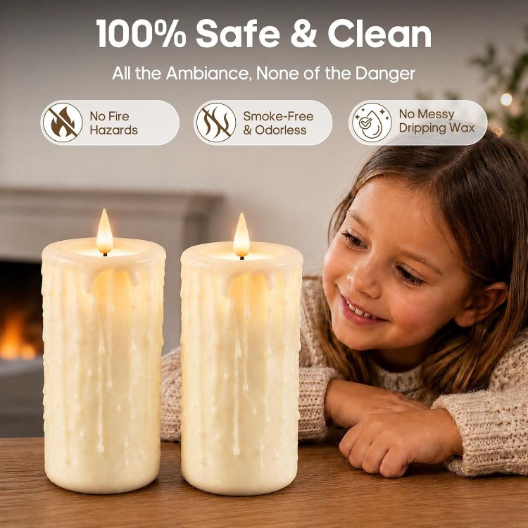 Picture of Rechargeable Fake LED Pillar Candles Flickering with Type-C 2 Pack [Energy Class F] 24 Cycle Timer, Remote Control, IP44 Large Battery Powered Candles Flameless for Halloween Decorations Christmas Gift