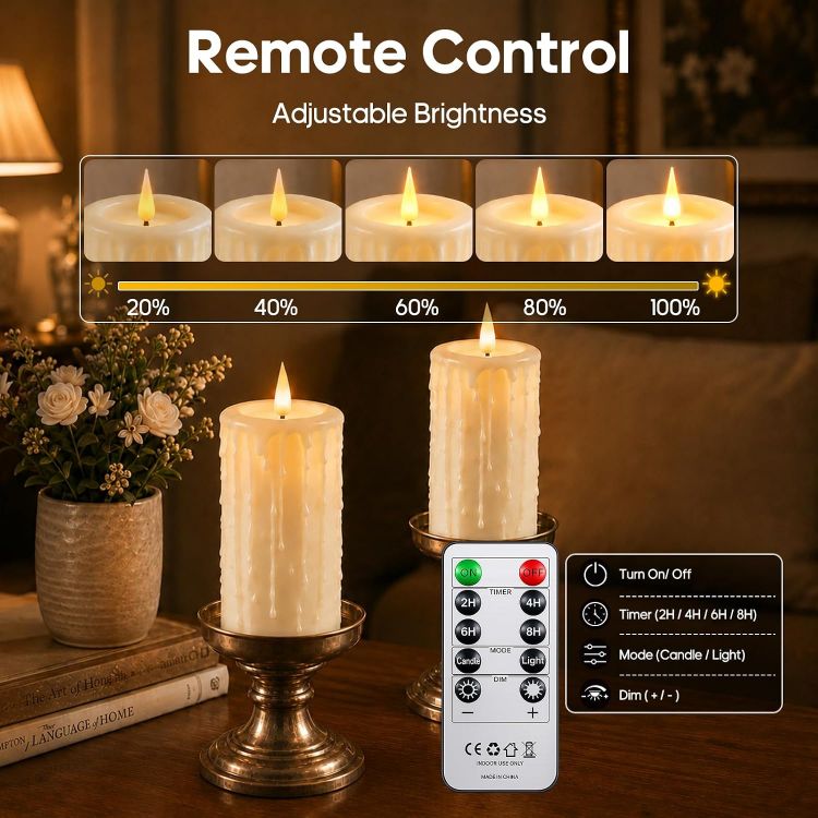 Picture of Rechargeable Fake LED Pillar Candles Flickering with Type-C 2 Pack [Energy Class F] 24 Cycle Timer, Remote Control, IP44 Large Battery Powered Candles Flameless for Halloween Decorations Christmas Gift