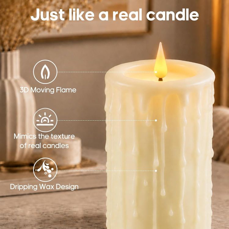 Picture of Rechargeable Fake LED Pillar Candles Flickering with Type-C 2 Pack [Energy Class F] 24 Cycle Timer, Remote Control, IP44 Large Battery Powered Candles Flameless for Halloween Decorations Christmas Gift