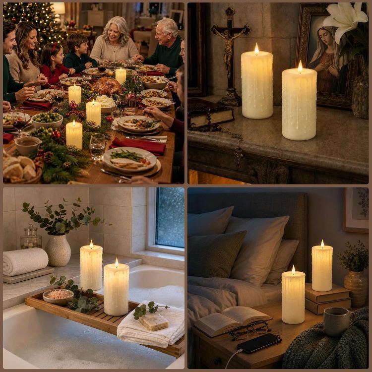 Picture of Rechargeable Fake LED Pillar Candles Flickering with Type-C 2 Pack [Energy Class F] 24 Cycle Timer, Remote Control, IP44 Large Battery Powered Candles Flameless for Halloween Decorations Christmas Gift