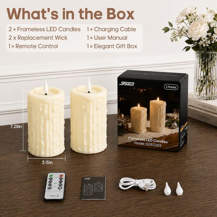 Picture of Rechargeable Fake LED Pillar Candles Flickering with Type-C 2 Pack [Energy Class F] 24 Cycle Timer, Remote Control, IP44 Large Battery Powered Candles Flameless for Halloween Decorations Christmas Gift