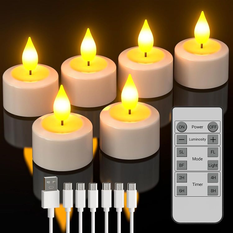 Picture of Rechargeable Tea Lights, 6 Packs Flameless Battery Electric LED Candles with Remote Timer, Rechargeable Candles with USB-C Cable for Home Room Bedroom Halloween Christmas Decorations