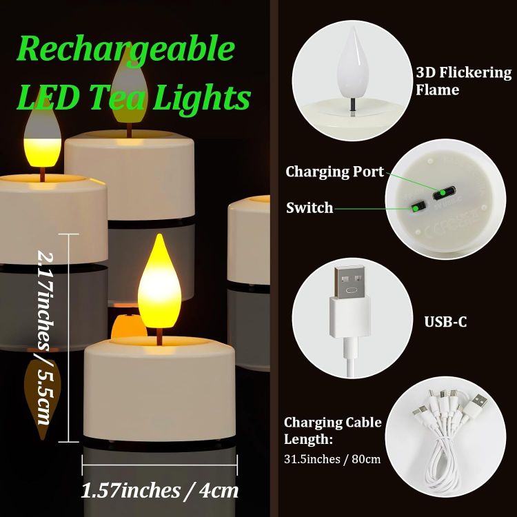 Picture of Rechargeable Tea Lights, 6 Packs Flameless Battery Electric LED Candles with Remote Timer, Rechargeable Candles with USB-C Cable for Home Room Bedroom Halloween Christmas Decorations