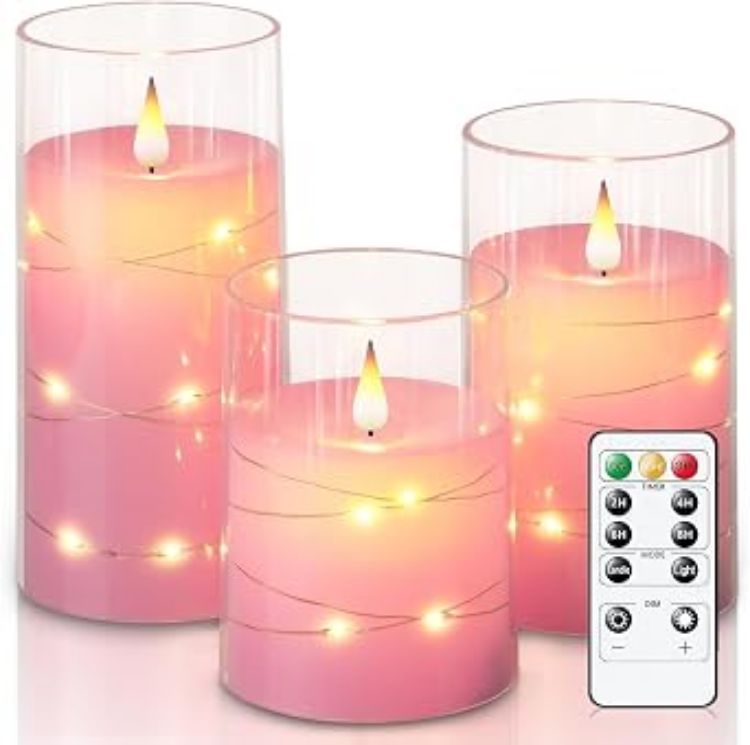 Picture of White Flameless Candles Flickering with String Lights, Set of 3 Clear Acrylic Led Candles Battery Operated with Remote Control and Timer for Wedding Dinner Table décor, Realistic 3D Flame