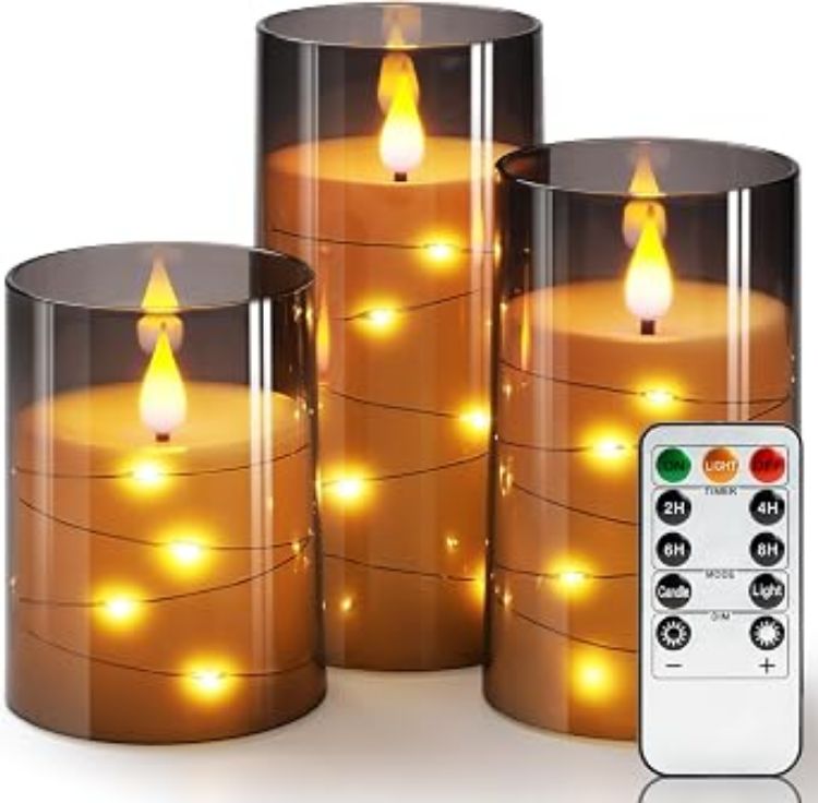Picture of White Flameless Candles Flickering with String Lights, Set of 3 Clear Acrylic Led Candles Battery Operated with Remote Control and Timer for Wedding Dinner Table décor, Realistic 3D Flame