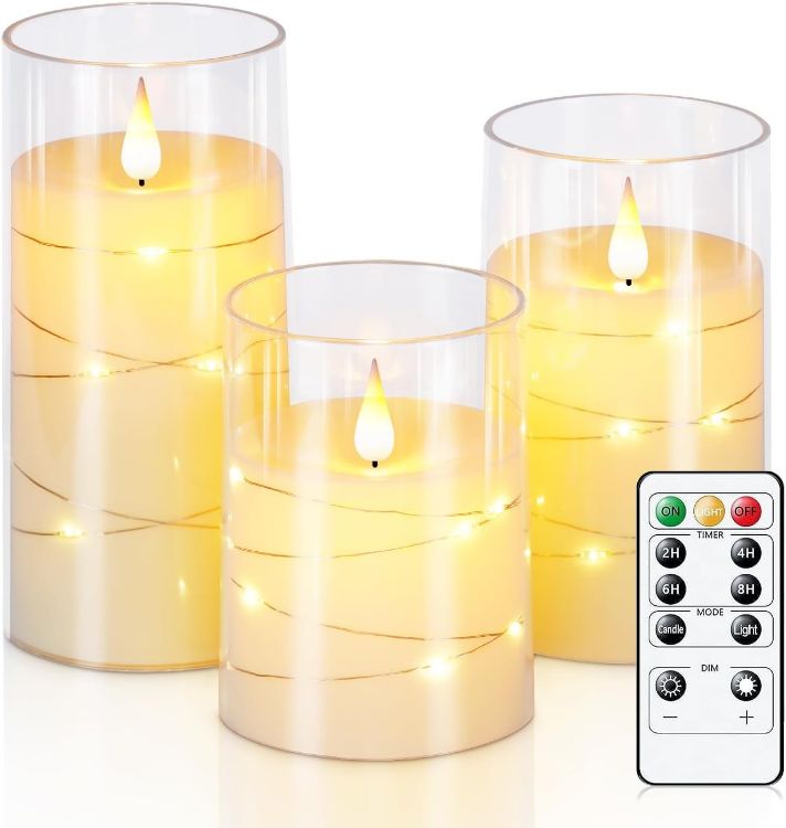Picture of White Flameless Candles Flickering with String Lights, Set of 3 Clear Acrylic Led Candles Battery Operated with Remote Control and Timer for Wedding Dinner Table décor, Realistic 3D Flame
