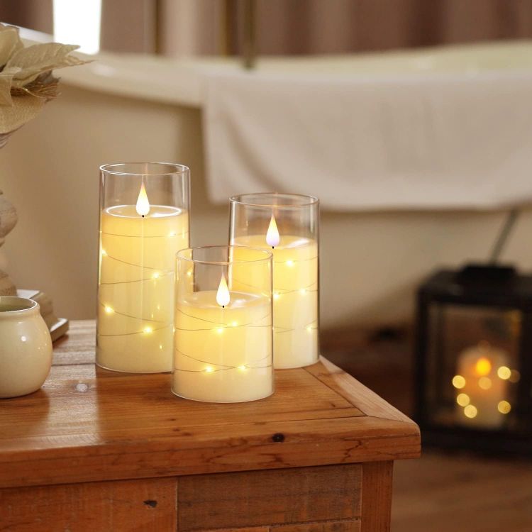 Picture of White Flameless Candles Flickering with String Lights, Set of 3 Clear Acrylic Led Candles Battery Operated with Remote Control and Timer for Wedding Dinner Table décor, Realistic 3D Flame