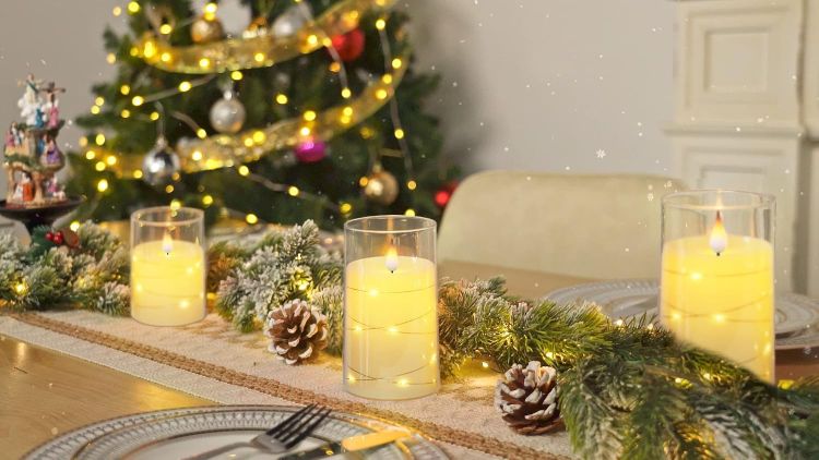 Picture of White Flameless Candles Flickering with String Lights, Set of 3 Clear Acrylic Led Candles Battery Operated with Remote Control and Timer for Wedding Dinner Table décor, Realistic 3D Flame