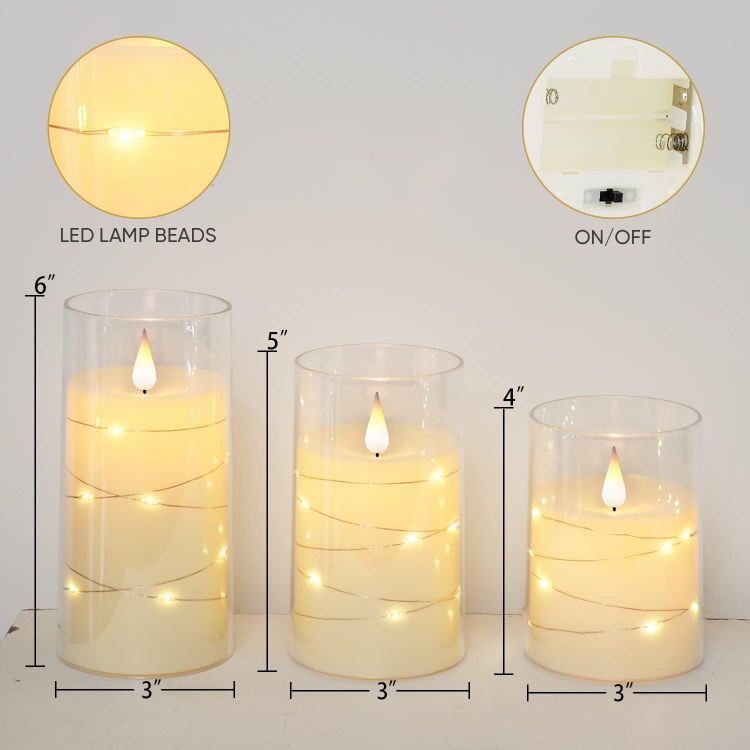 Picture of White Flameless Candles Flickering with String Lights, Set of 3 Clear Acrylic Led Candles Battery Operated with Remote Control and Timer for Wedding Dinner Table décor, Realistic 3D Flame