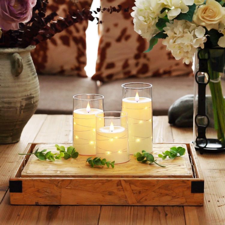 Picture of White Flameless Candles Flickering with String Lights, Set of 3 Clear Acrylic Led Candles Battery Operated with Remote Control and Timer for Wedding Dinner Table décor, Realistic 3D Flame