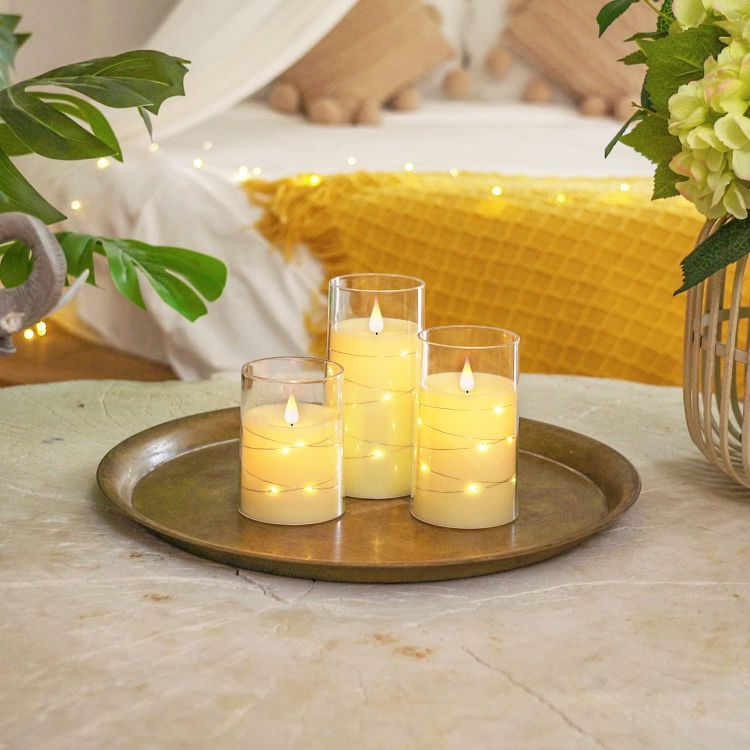 Picture of White Flameless Candles Flickering with String Lights, Set of 3 Clear Acrylic Led Candles Battery Operated with Remote Control and Timer for Wedding Dinner Table décor, Realistic 3D Flame