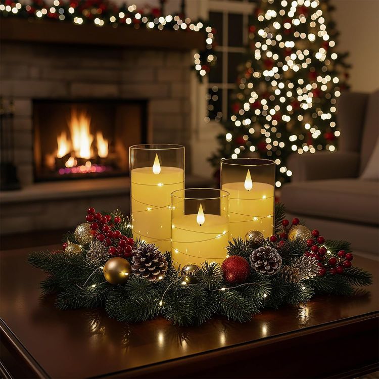 Picture of White Flameless Candles Flickering with String Lights, Set of 3 Clear Acrylic Led Candles Battery Operated with Remote Control and Timer for Wedding Dinner Table décor, Realistic 3D Flame