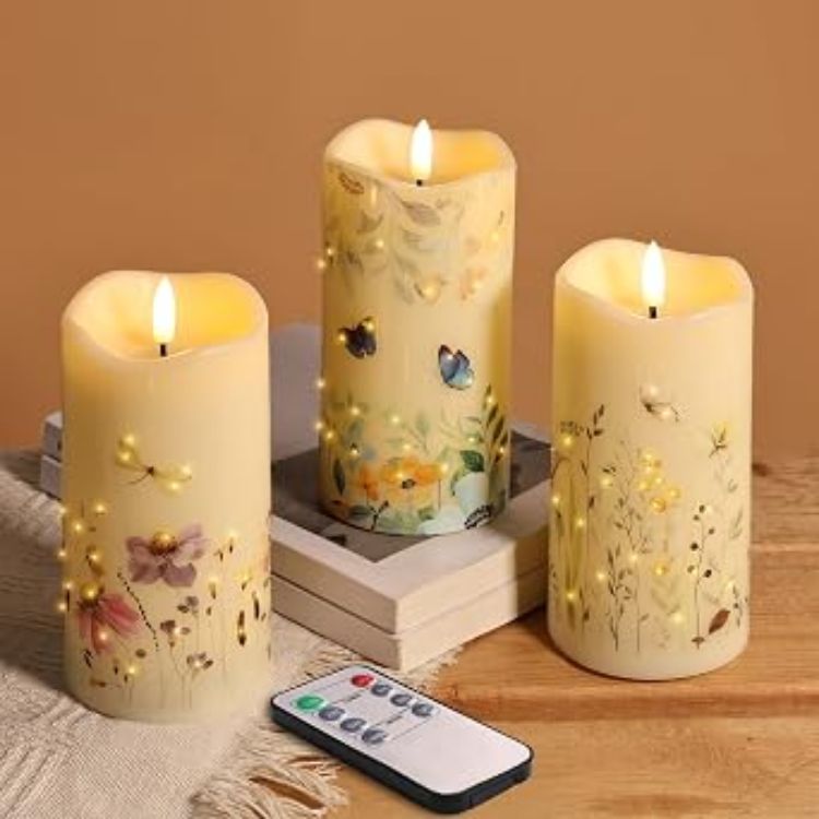 Picture of Floral Fiber Optic LED Pillar Candles with Remote Set of 3 Flickering Flameless Candles with Timer, 3 AA Battery, Home Table Shelf Room Decor Gift Φ 3"H 4"5"6"
