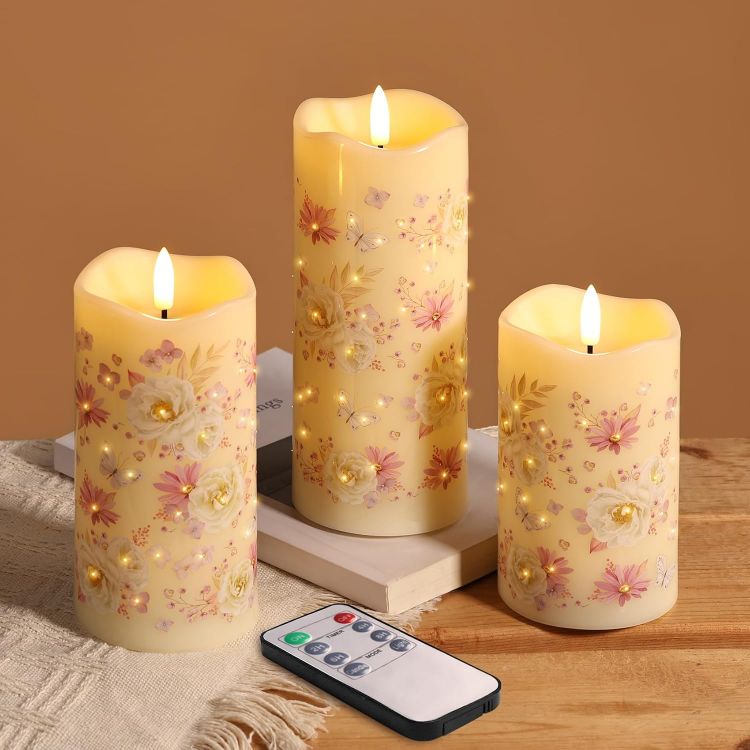 Picture of Floral Fiber Optic LED Pillar Candles with Remote Set of 3 Flickering Flameless Candles with Timer, 3 AA Battery, Home Table Shelf Room Decor Gift Φ 3"H 4"5"6"
