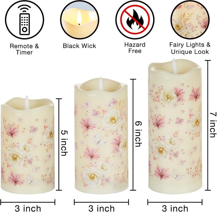 Picture of Floral Fiber Optic LED Pillar Candles with Remote Set of 3 Flickering Flameless Candles with Timer, 3 AA Battery, Home Table Shelf Room Decor Gift Φ 3"H 4"5"6"