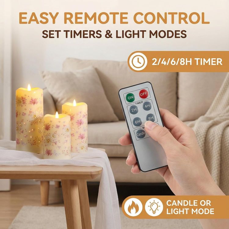 Picture of Floral Fiber Optic LED Pillar Candles with Remote Set of 3 Flickering Flameless Candles with Timer, 3 AA Battery, Home Table Shelf Room Decor Gift Φ 3"H 4"5"6"