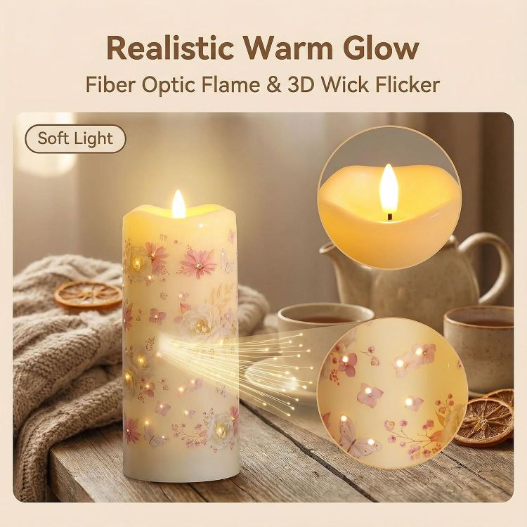 Picture of Floral Fiber Optic LED Pillar Candles with Remote Set of 3 Flickering Flameless Candles with Timer, 3 AA Battery, Home Table Shelf Room Decor Gift Φ 3"H 4"5"6"