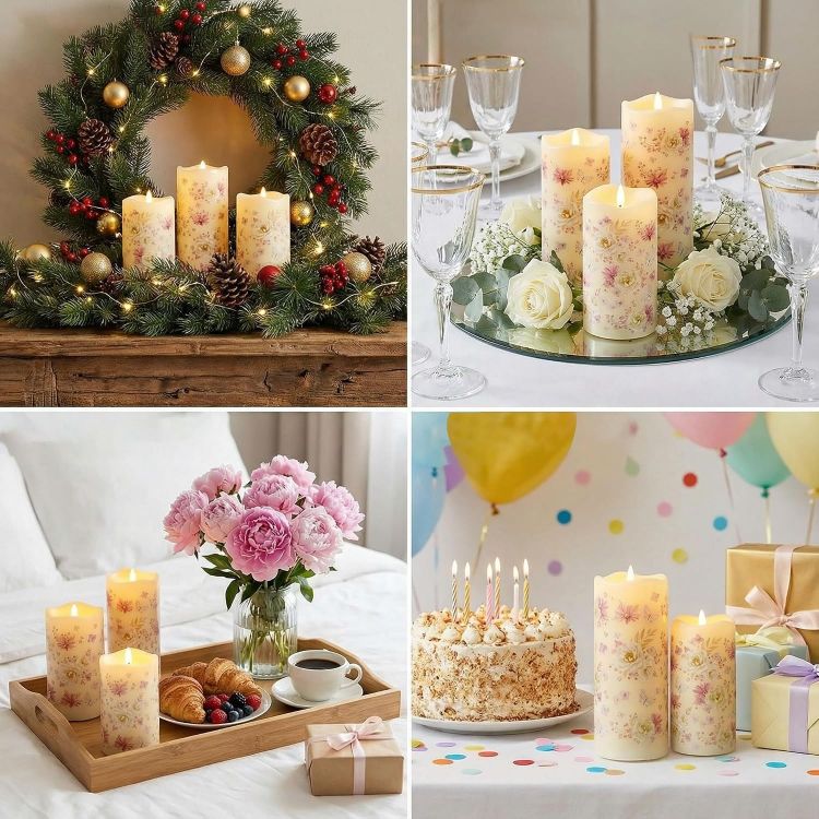 Picture of Floral Fiber Optic LED Pillar Candles with Remote Set of 3 Flickering Flameless Candles with Timer, 3 AA Battery, Home Table Shelf Room Decor Gift Φ 3"H 4"5"6"