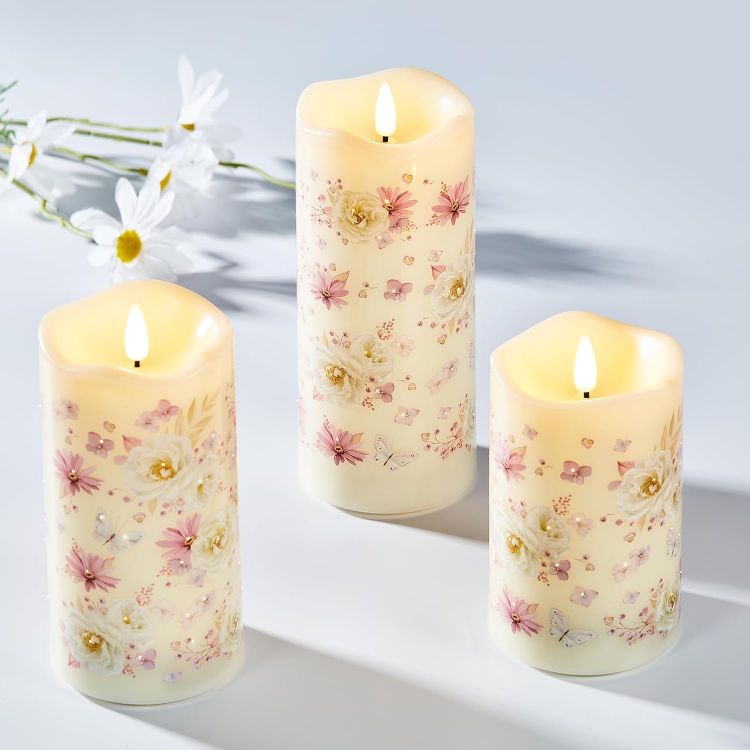 Picture of Floral Fiber Optic LED Pillar Candles with Remote Set of 3 Flickering Flameless Candles with Timer, 3 AA Battery, Home Table Shelf Room Decor Gift Φ 3"H 4"5"6"