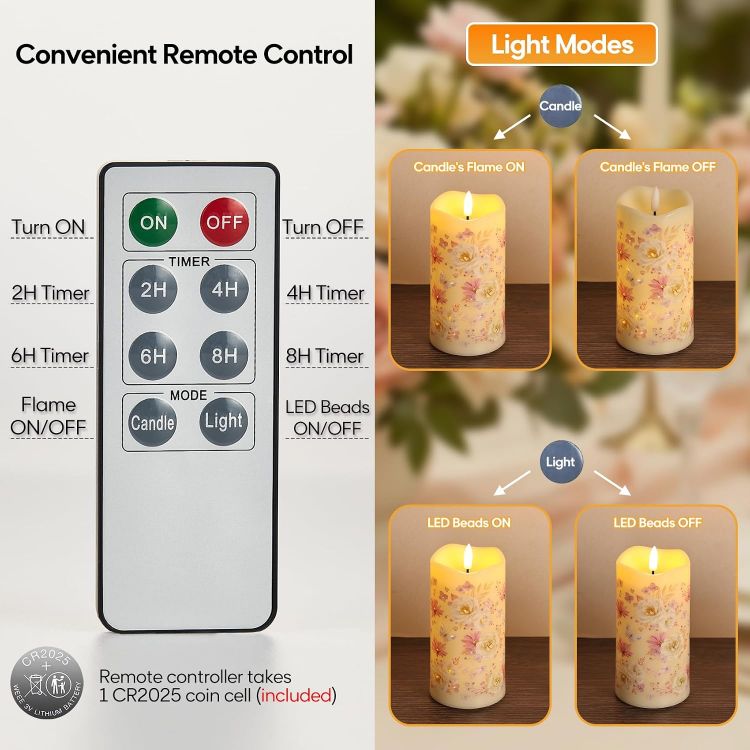 Picture of Floral Fiber Optic LED Pillar Candles with Remote Set of 3 Flickering Flameless Candles with Timer, 3 AA Battery, Home Table Shelf Room Decor Gift Φ 3"H 4"5"6"