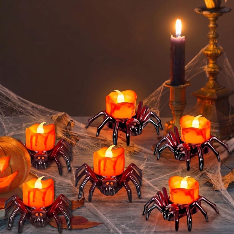 Picture of 6PCS Halloween Spider Flameless LED Tea Lights Decorative Candle Lights  Realistic flickering spider LED tea lights, flameless, smokeless, sturdy plastic, safe for Halloween indoor decoration