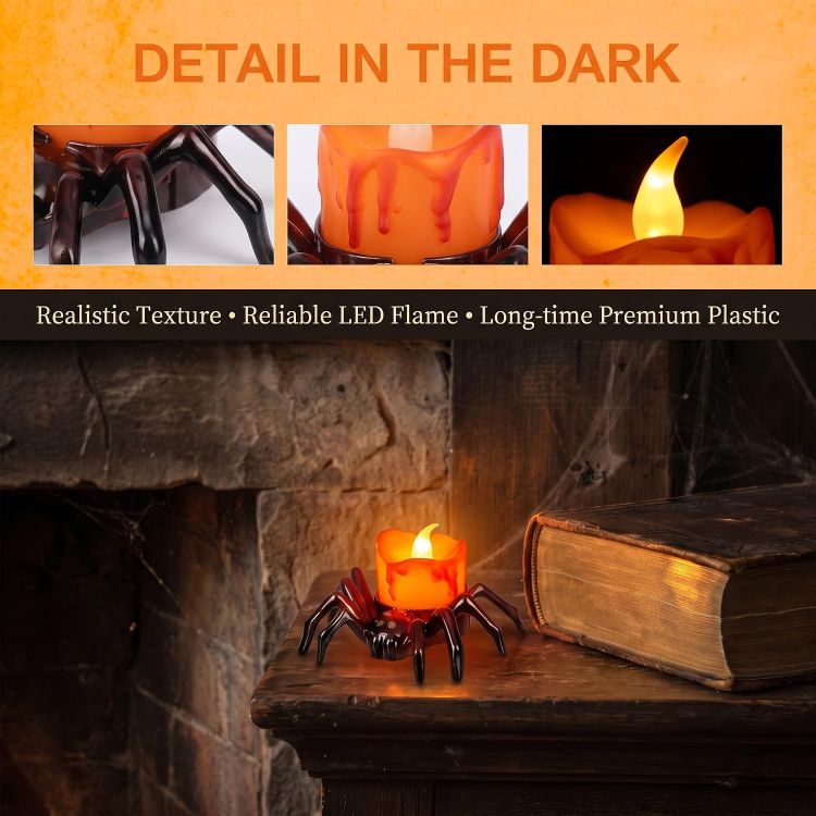 Picture of 6PCS Halloween Spider Flameless LED Tea Lights Decorative Candle Lights  Realistic flickering spider LED tea lights, flameless, smokeless, sturdy plastic, safe for Halloween indoor decoration