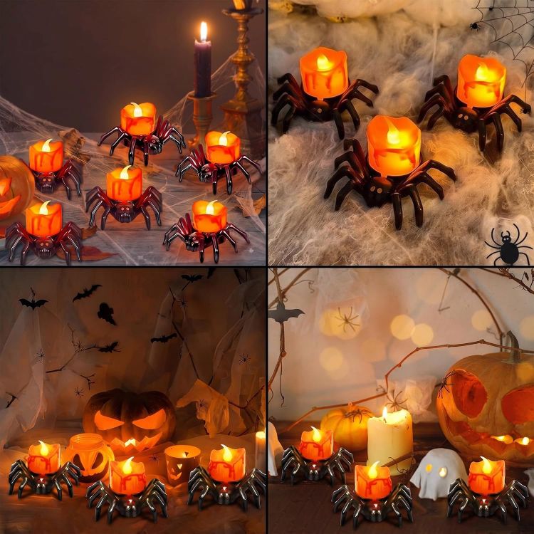 Picture of 6PCS Halloween Spider Flameless LED Tea Lights Decorative Candle Lights  Realistic flickering spider LED tea lights, flameless, smokeless, sturdy plastic, safe for Halloween indoor decoration
