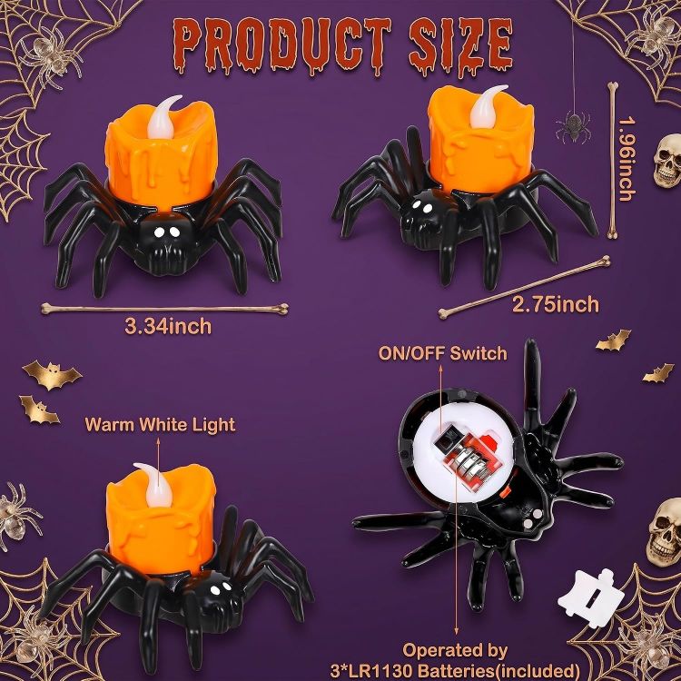 Picture of 6PCS Halloween Spider Flameless LED Tea Lights Decorative Candle Lights  Realistic flickering spider LED tea lights, flameless, smokeless, sturdy plastic, safe for Halloween indoor decoration