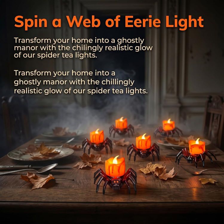 Picture of 6PCS Halloween Spider Flameless LED Tea Lights Decorative Candle Lights  Realistic flickering spider LED tea lights, flameless, smokeless, sturdy plastic, safe for Halloween indoor decoration