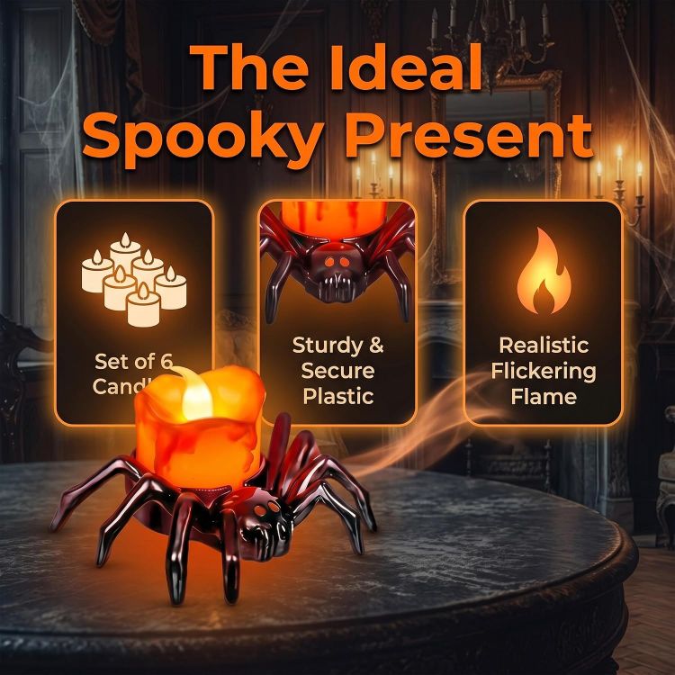 Picture of 6PCS Halloween Spider Flameless LED Tea Lights Decorative Candle Lights  Realistic flickering spider LED tea lights, flameless, smokeless, sturdy plastic, safe for Halloween indoor decoration