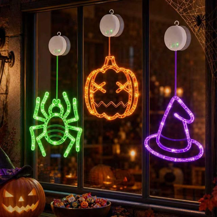 Picture of Halloween Window Lights, 3 Pack Pumpkin, Spider, Witch Hat Lights Halloween Decoration Lights, 2026 Upgraded Dyed Design, 8 Flashing Modes, Timer, Battery Operated, Suction Cup, Indoor Lights