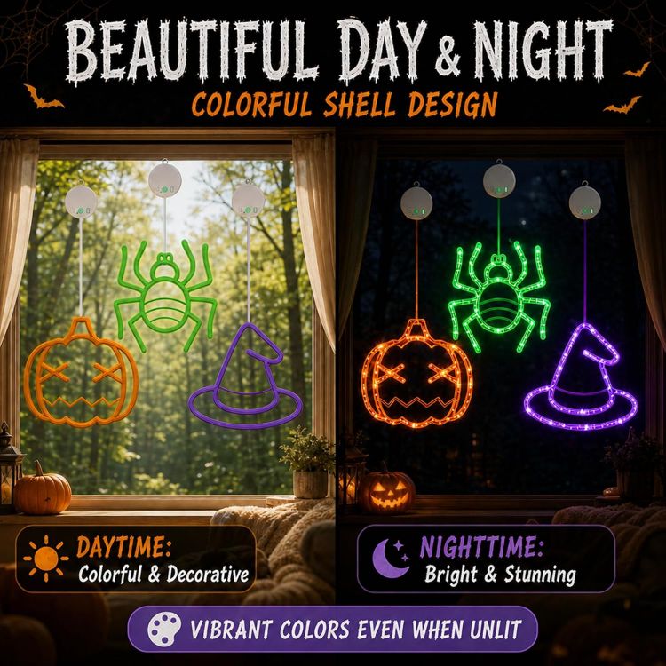 Picture of Halloween Window Lights, 3 Pack Pumpkin, Spider, Witch Hat Lights Halloween Decoration Lights, 2026 Upgraded Dyed Design, 8 Flashing Modes, Timer, Battery Operated, Suction Cup, Indoor Lights