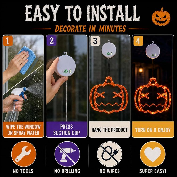 Picture of Halloween Window Lights, 3 Pack Pumpkin, Spider, Witch Hat Lights Halloween Decoration Lights, 2026 Upgraded Dyed Design, 8 Flashing Modes, Timer, Battery Operated, Suction Cup, Indoor Lights