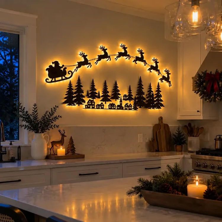 Picture of 3D Light-Up Wooden Reindeer Christmas Decorations, B Warm Backlit Peel & Stick Entryway Glow, LED Reindeer Wall Christmas Decorations, for Hallways, Bedrooms, Living Areas
