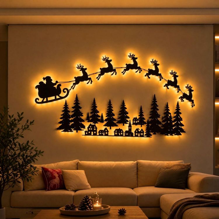 Picture of 3D Light-Up Wooden Reindeer Christmas Decorations, B Warm Backlit Peel & Stick Entryway Glow, LED Reindeer Wall Christmas Decorations, for Hallways, Bedrooms, Living Areas