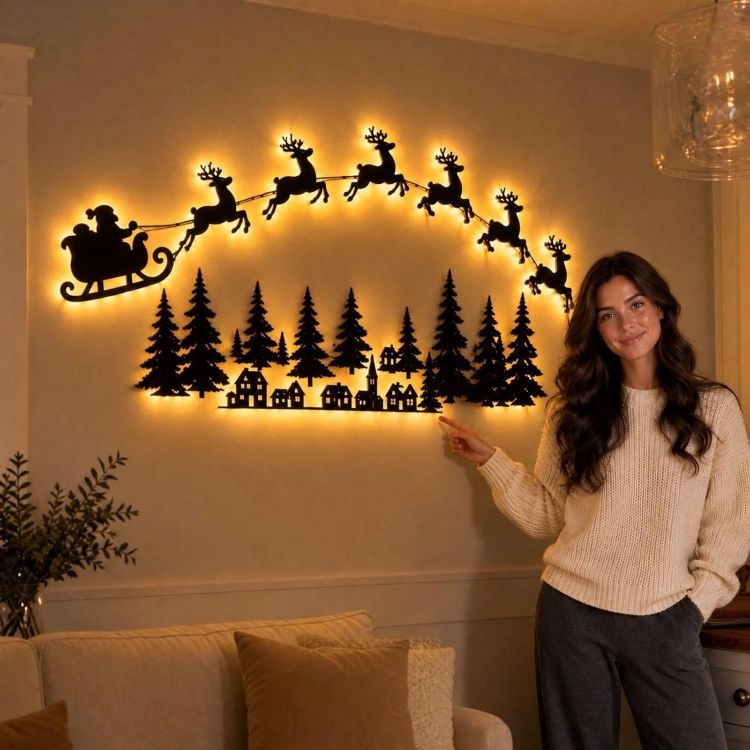Picture of 3D Light-Up Wooden Reindeer Christmas Decorations, B Warm Backlit Peel & Stick Entryway Glow, LED Reindeer Wall Christmas Decorations, for Hallways, Bedrooms, Living Areas