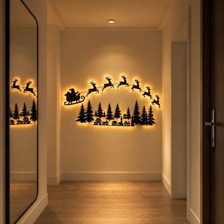 Picture of 3D Light-Up Wooden Reindeer Christmas Decorations, B Warm Backlit Peel & Stick Entryway Glow, LED Reindeer Wall Christmas Decorations, for Hallways, Bedrooms, Living Areas