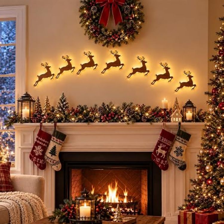 Picture of 3D Light-Up Wooden Reindeer Christmas Decorations, B Warm Backlit Peel & Stick Entryway Glow, LED Reindeer Wall Christmas Decorations, for Hallways, Bedrooms, Living Areas