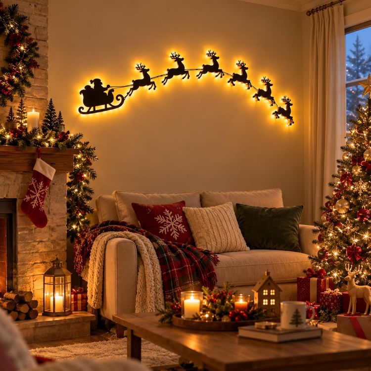 Picture of 3D Light-Up Wooden Reindeer Christmas Decorations, B Warm Backlit Peel & Stick Entryway Glow, LED Reindeer Wall Christmas Decorations, for Hallways, Bedrooms, Living Areas