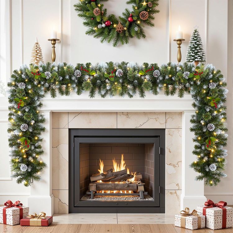 Picture of 9FT(2.7M) Christmas Garland,with Warm White & Multi-Color Lights Pre-Lit Artificial,with Red Berries and Pine Cones,with Timer Function,for Christmas Stairs and Christmas Fireplace,Snow