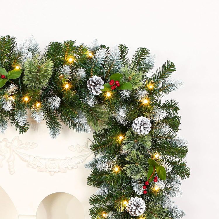 Picture of 9FT(2.7M) Christmas Garland,with Warm White & Multi-Color Lights Pre-Lit Artificial,with Red Berries and Pine Cones,with Timer Function,for Christmas Stairs and Christmas Fireplace,Snow