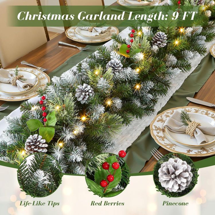 Picture of 9FT(2.7M) Christmas Garland,with Warm White & Multi-Color Lights Pre-Lit Artificial,with Red Berries and Pine Cones,with Timer Function,for Christmas Stairs and Christmas Fireplace,Snow