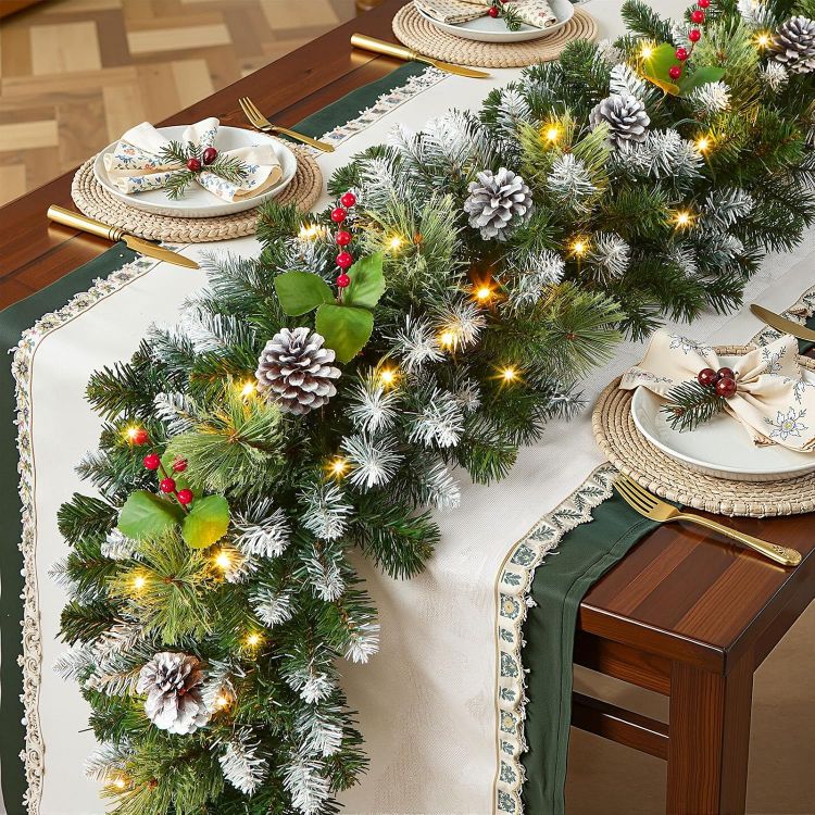 Picture of 9FT(2.7M) Christmas Garland,with Warm White & Multi-Color Lights Pre-Lit Artificial,with Red Berries and Pine Cones,with Timer Function,for Christmas Stairs and Christmas Fireplace,Snow