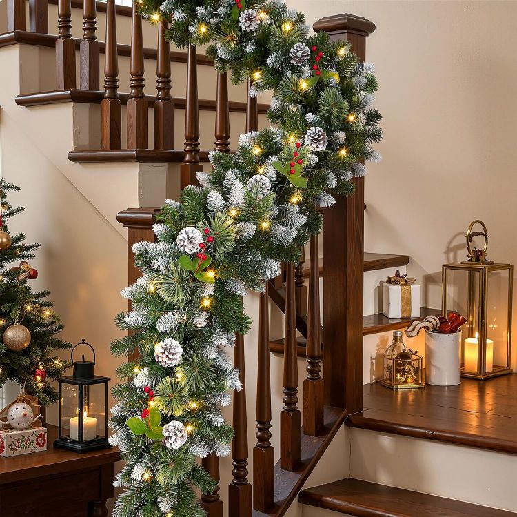Picture of 9FT(2.7M) Christmas Garland,with Warm White & Multi-Color Lights Pre-Lit Artificial,with Red Berries and Pine Cones,with Timer Function,for Christmas Stairs and Christmas Fireplace,Snow