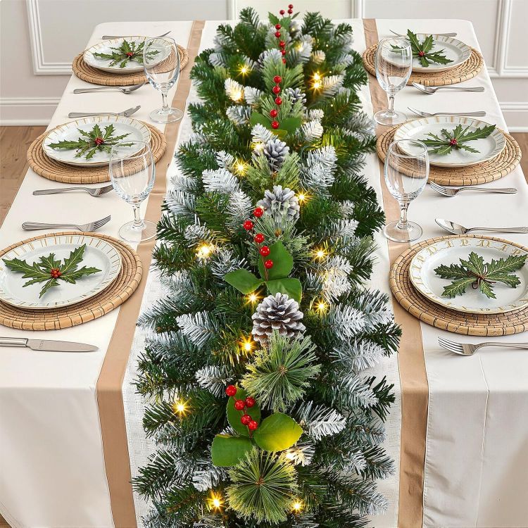 Picture of 9FT(2.7M) Christmas Garland,with Warm White & Multi-Color Lights Pre-Lit Artificial,with Red Berries and Pine Cones,with Timer Function,for Christmas Stairs and Christmas Fireplace,Snow