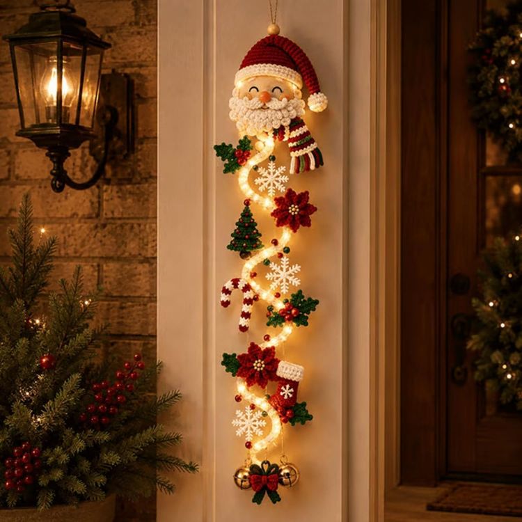 Picture of Glowing Christmas Door Hanger, 6 Festive Lighted Designs with Warm Glow Rustic Quilted Fabric Wreath with Snowman, Santa & Reindeer Lights, Indoor Outdoor Doors Walls Christmas Mantel Decor