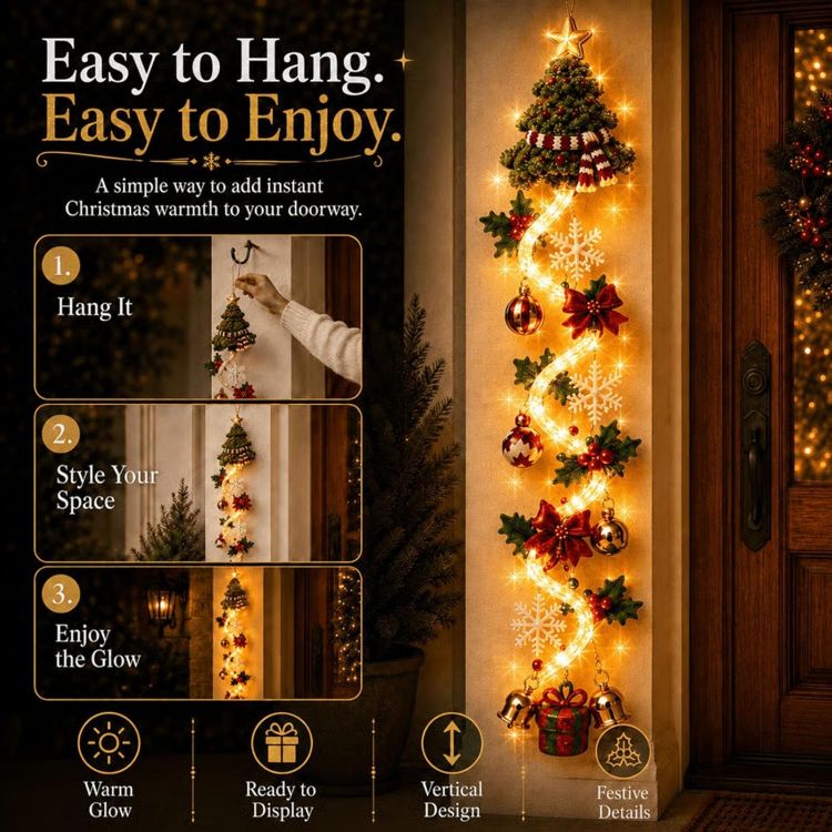 Picture of Glowing Christmas Door Hanger, 6 Festive Lighted Designs with Warm Glow Rustic Quilted Fabric Wreath with Snowman, Santa & Reindeer Lights, Indoor Outdoor Doors Walls Christmas Mantel Decor